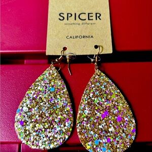 Earrings by Spicer: Gold Glittery Tear Drop Earring.